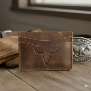 Minimalist card holder version of leather western wallets for men with an embossed steer skull.