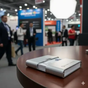 Sleek aluminum business card display case designed for trade shows and professional travel.