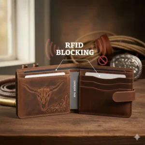 Secure protection technology inside modern cowboy leather wallets for men.