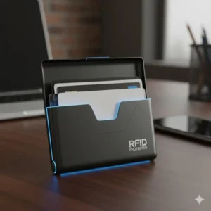 Professional RFID blocking business card holder for multiple cards made of matte black aluminum.