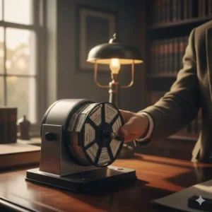 Classic rotary file device for quick contact retrieval and business card storage.