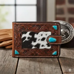 Exotic inlay leather western wallets for men featuring a hair-on-hide design and turquoise accents.