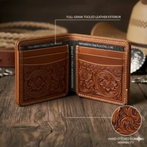 High-quality full-grain leather construction of a traditional mens bifold western wallet.