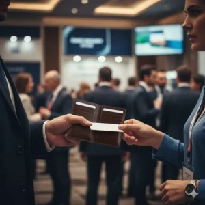 Handing out a card from a leather wallet style business card holder for multiple cards at a seminar.
