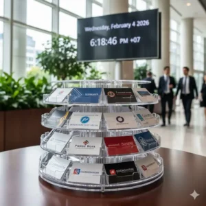 A rotating carousel-style business card display case for high-traffic lobby areas.