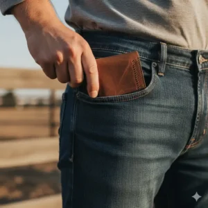A man putting slim cowboy leather wallets for men into his denim jeans pocket.