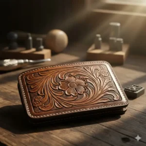 Intricate floral tooled patterns on a Western-style cowboy leather wallet.