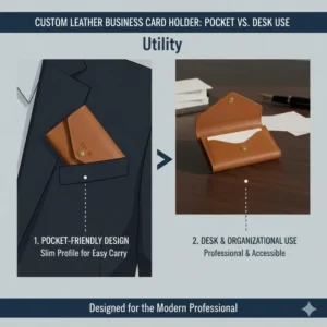 Comparison of a custom leather business card holder in a suit pocket and on an office desk.
