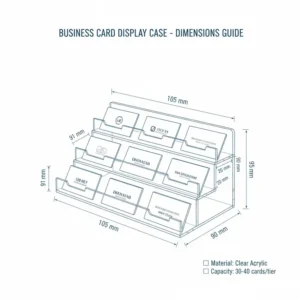 Technical illustration showing the standard dimensions of a business card display case.
