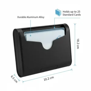 Infographic showing the exact size and capacity of a business card holder for multiple cards.