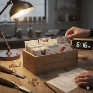 Handcrafted wooden box for a creative and rustic style of business card storage.