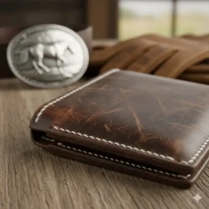 Close-up of durable heavy-duty stitching and distressed finish on leather western wallets for men.