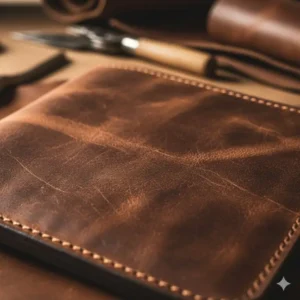 The rugged surface and natural grain of cowboy leather wallets for men.