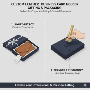 Luxury gift box packaging for a corporate branded custom leather business card holder.