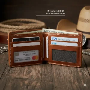 Diagram of the built-in RFID blocking technology within a mens bifold western wallet.