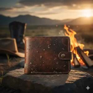 A heavy-duty cowboy leather wallet displaying a natural patina from outdoor use.