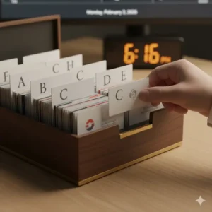 Alphabetical filing system inside a wooden box for efficient business card storage.