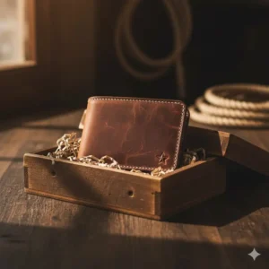 A handmade cowboy leather wallet presented in a rustic wooden gift box.