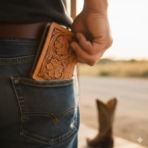 A man pulling one of the tan leather western wallets for men from the back pocket of his denim jeans.