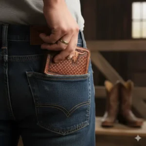 A mens bifold western wallet being placed into a denim back pocket for scale and style.