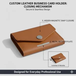 Technical illustration of the secure magnetic closing mechanism on a custom leather business card holder.