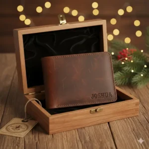 A personalized cowboy leather wallets for men presented in a handcrafted wooden gift box.