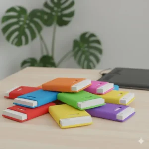 A collection of various bright colored silicone business card holder for multiple cards for designers.