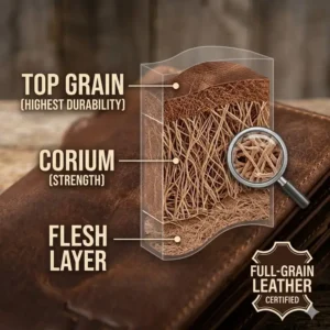 Close-up illustration of the internal card slots and cash compartments inside a leather rodeo wallet.