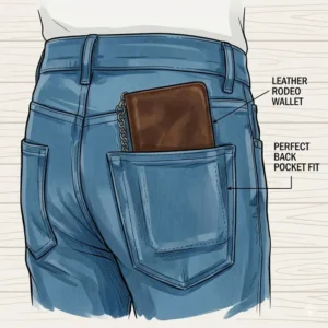 Illustration of a slim-profile leather rodeo wallet tucked into the back pocket of denim jeans.
