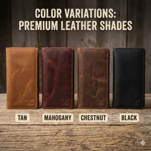 Detailed view of the natural grain and heavy-duty stitching on a high-quality leather rodeo wallet.