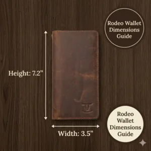 Conceptual illustration showing RFID protection waves shielding a leather rodeo wallet from electronic theft.