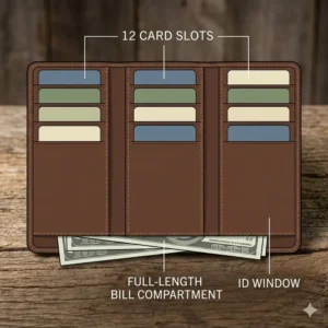 A collection of leather rodeo wallets in various shades including tan, mahogany, chestnut, and black.