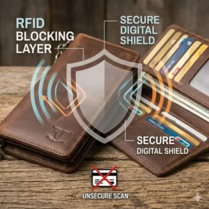 Technical illustration highlighting the reinforced stitching and durable layers of a handmade leather rodeo wallet.