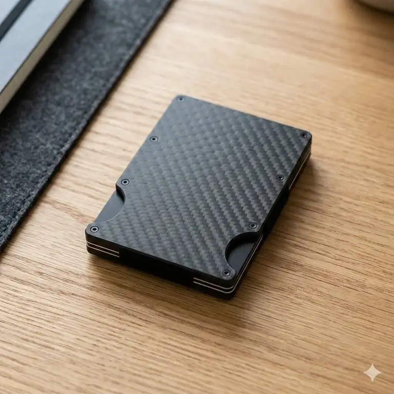 Top-rated best carbon fiber wallet displayed on a clean desk surface.