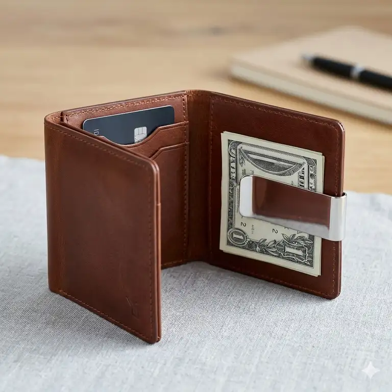 A premium leather bi fold money clip wallet shown as the featured product.