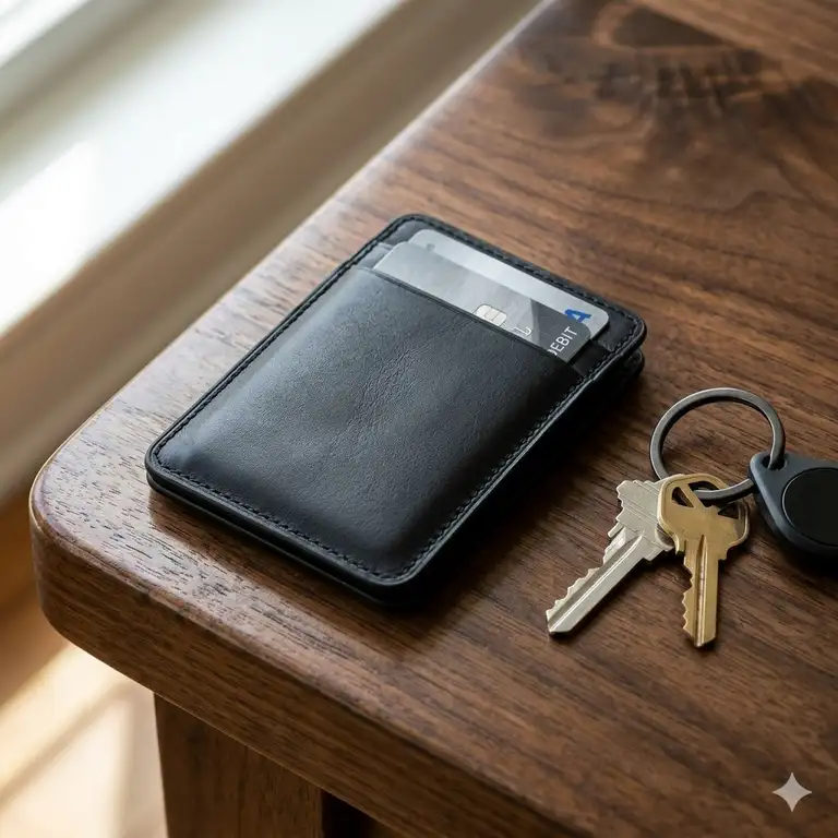 A premium black card wallet displayed on a polished wooden surface next to a set of keys.