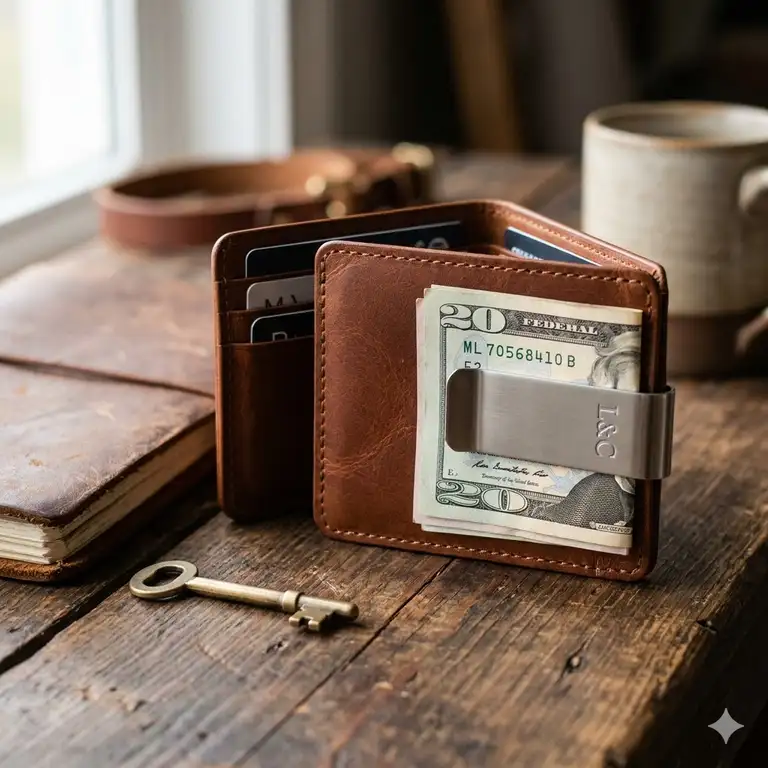 Featured Image: A premium leather clip bifold wallet shown in a lifestyle setting with a secure metal money clip.