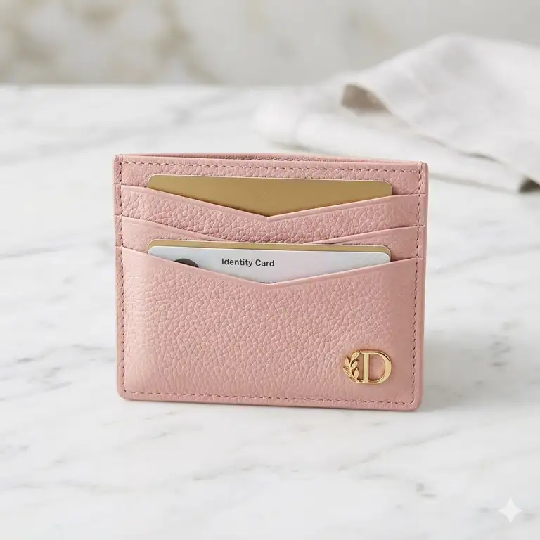 A premium pink designer card holder made of pebbled leather with gold hardware, displayed on a marble surface.