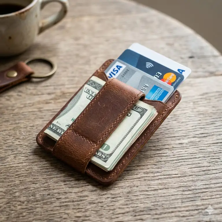 Featured Image: A premium brown leather card and cash clip holding credit cards and banknotes on a wooden table.