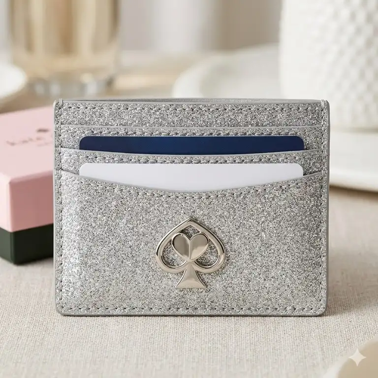 A luxury silver kate spade glitter card holder featuring the iconic logo on a clean background.