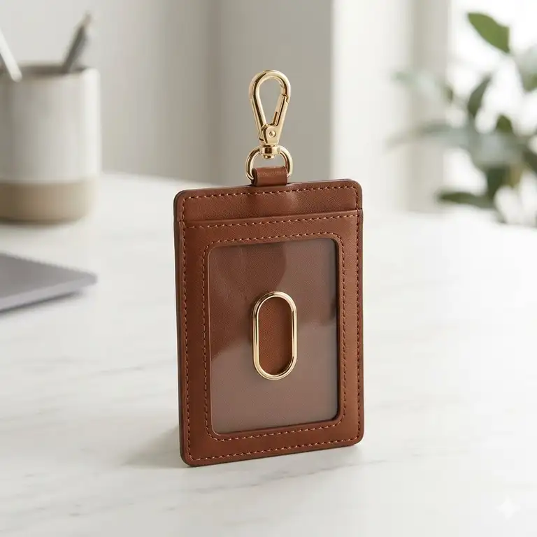 A premium leather designer id badge holder with a gold-tone lobster clasp displayed on a minimalist marble surface.