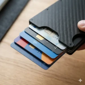 A best carbon fiber wallet fanned out to show its credit card storage capacity.