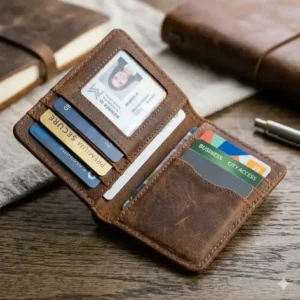 Interior view of a money clip card case showing multiple card slots and an ID window.