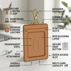 Detailed diagram showing the internal and external features of a professional designer id badge holder.