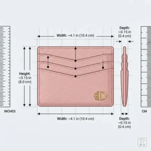 Illustration showing the compact dimensions and slim profile of a pink designer card holder in inches and centimeters.