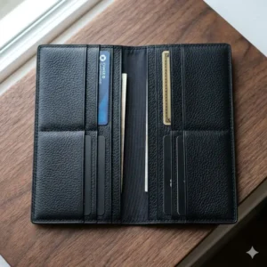 Close-up of a slim black card wallet showing multi-card slots and a center compartment.