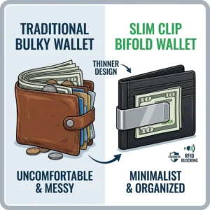 Illustration 1: A comparison between a bulky traditional wallet and a minimalist clip bifold wallet profile.