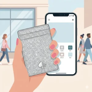 An illustration showing the compact size of a kate spade glitter card holder compared to a smartphone.