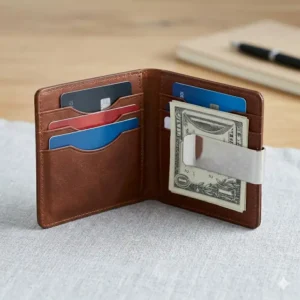 An open bi fold money clip wallet displaying the internal spring clip for cash.