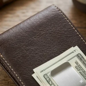 Close-up view of a high-quality leather holder money accessory for men.